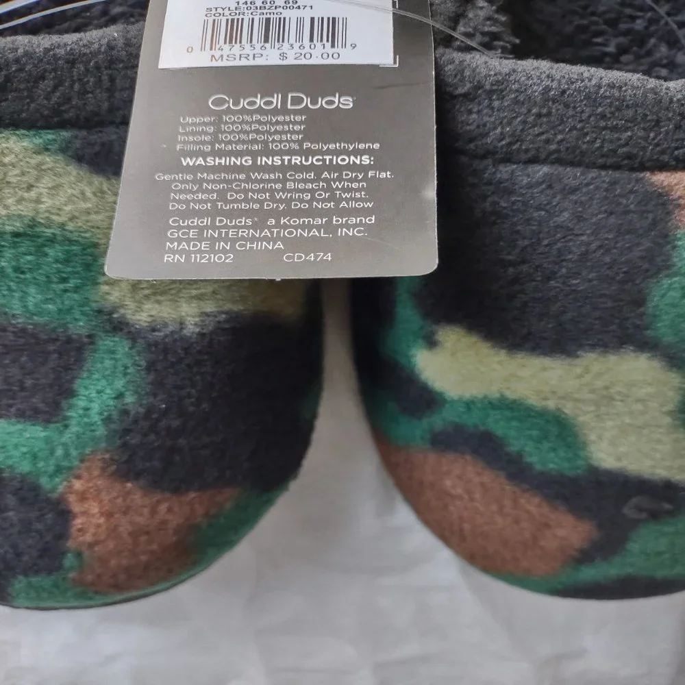 NWT Cuddl Duds Camo Fleece Clog Slippers Boys Large 5-6 (L)